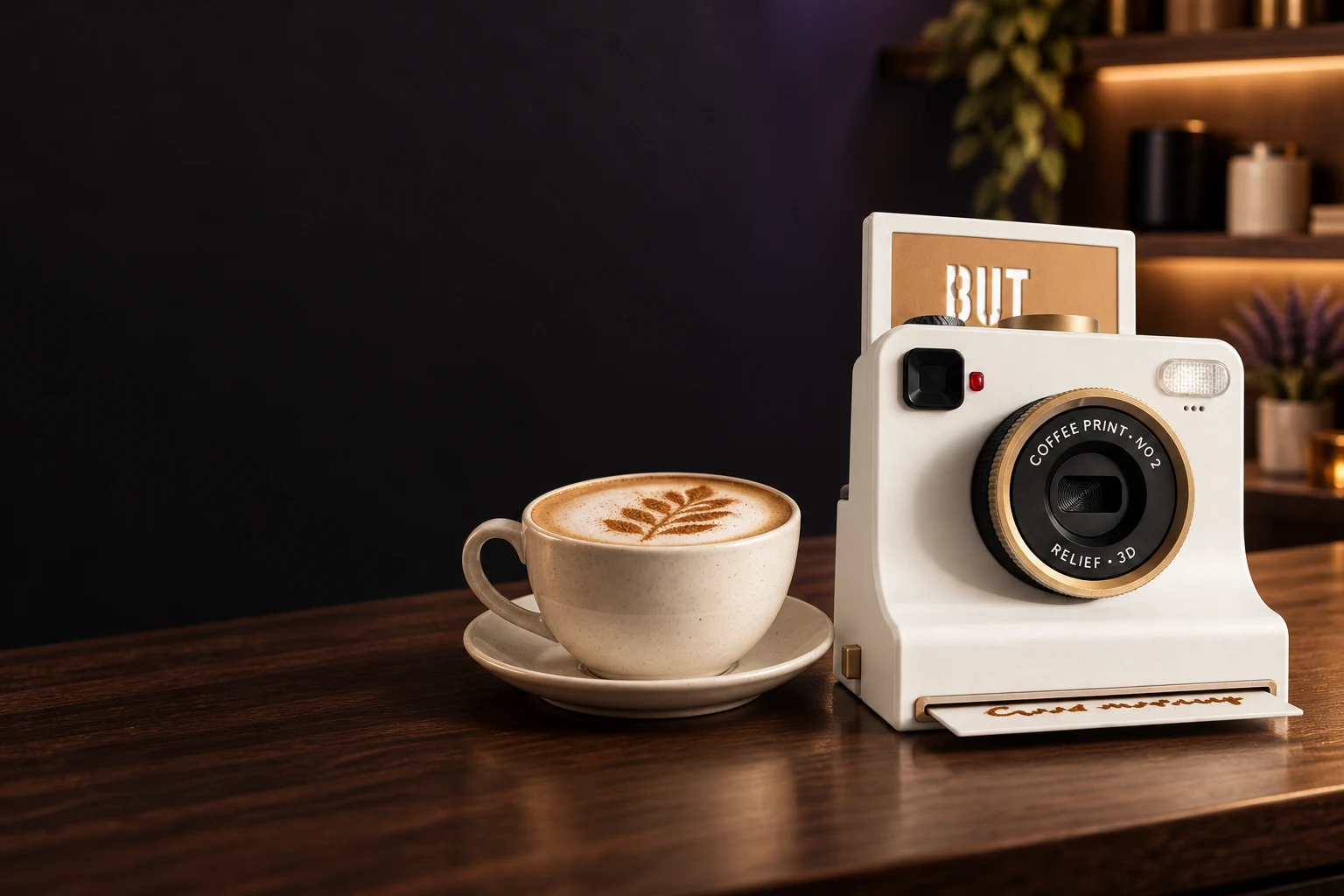LatteShot branca e dourada ao lado de um cappuccino em um café