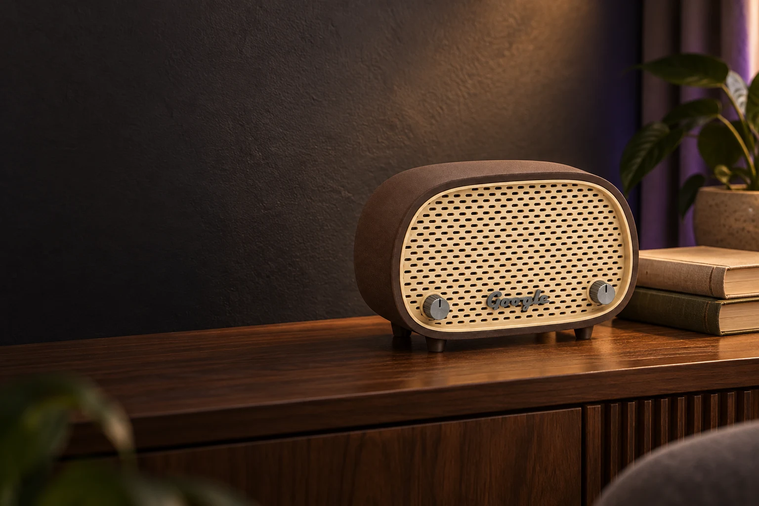 Capa Rádio Retrô para Google Nest Mini sobre um móvel de madeira