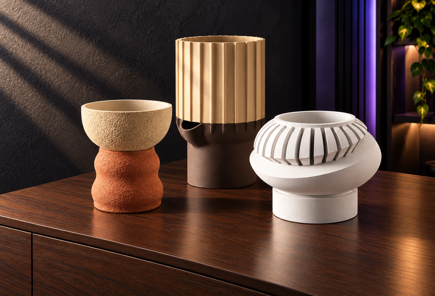 Três vasos com formas e materiais diferentes