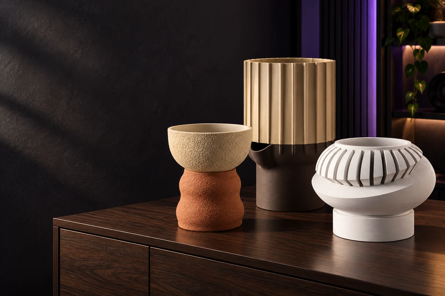 Vasos Modular, M2 XL e 018 em um ambiente de estar